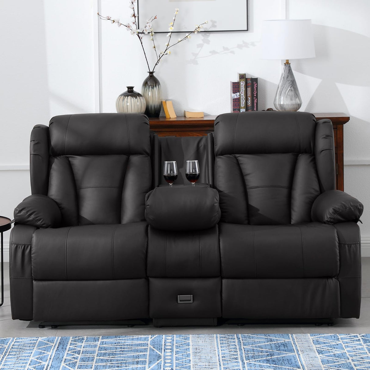 IBTKIG 72.8" Manual Reclining Loveseat Sofa - Wall Hugger Double Loveseat Recliner with Console, Fold-Down Table and Built-in Outlets, Manual Recliner Chair for Living Room RVs Home Theater (Black) IBTKIG