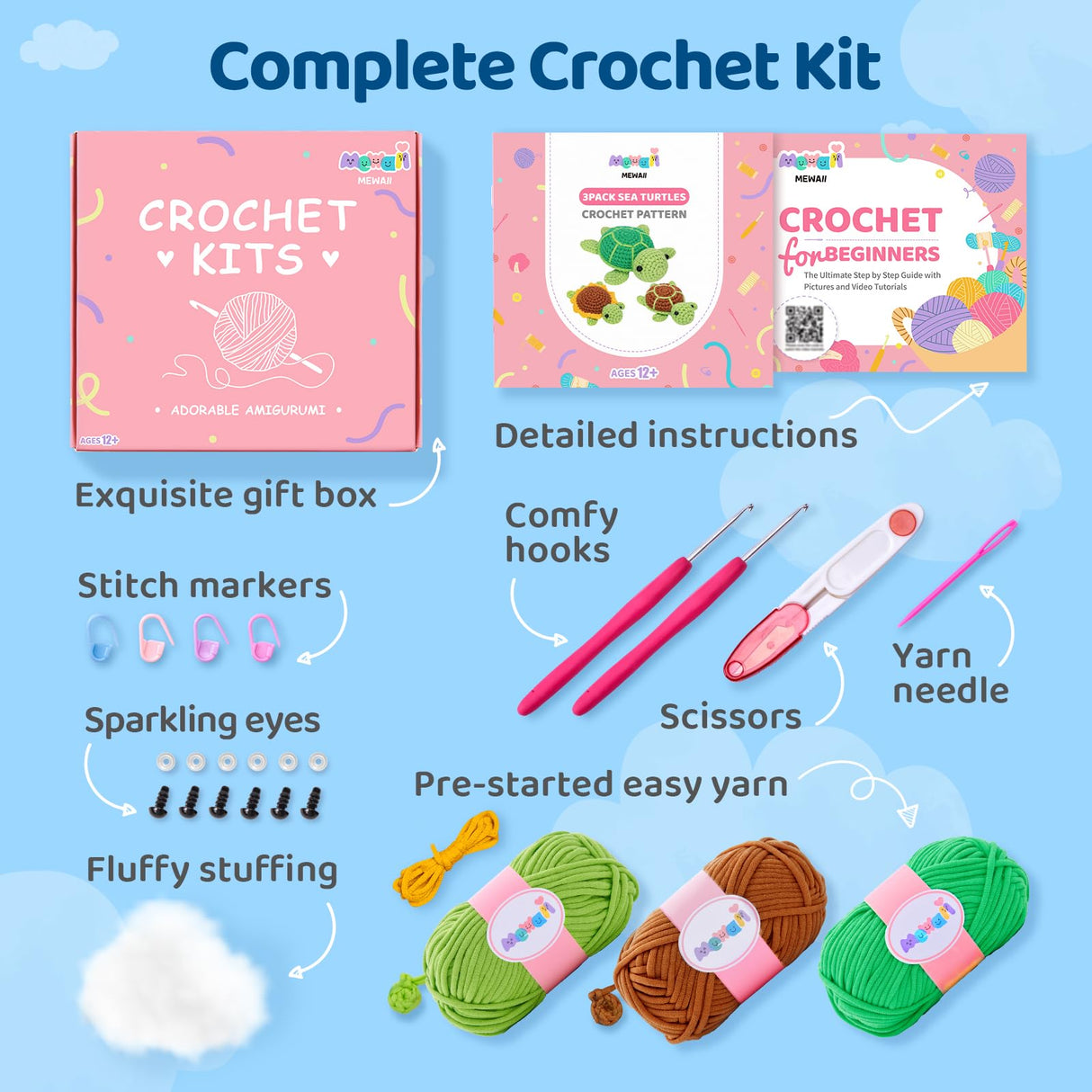 Mewaii Beginner Crochet Kit with 40% Extra Yarn, Pre-Started Yarn & Video Tutorials - 3 Sea Turtles Craft Set for Adults & Kids Mewaii