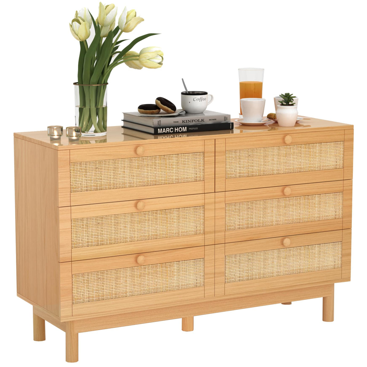 DHMAKER 6 Drawer Rattan Dresser for Bedroom, 48'' Modern Wooden Chest of Dressers with Spacious Storage, Beside Table for Closet, Entryway, Bedroom, Hallway, Living Room DHMAKER
