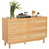DHMAKER 6 Drawer Rattan Dresser for Bedroom, 48'' Modern Wooden Chest of Dressers with Spacious Storage, Beside Table for Closet, Entryway, Bedroom, Hallway, Living Room DHMAKER