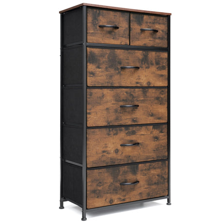 VredHom Fabric Dresser for Bedroom, Tall Skinny Dresser with 6 Drawers, Storage Organizer Tower, Steel Frame Wooden Top for Closet, Living Room, Hallway(Rustic Brown) VredHom
