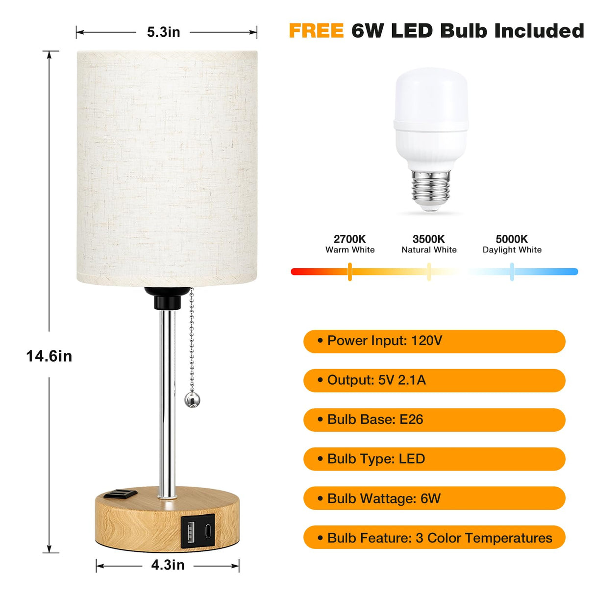 Small Bedside Lamp for Bedroom Nightstand - Table Lamp with USB C and A Port, Pull Chain Bed Lamp with AC Outlet, Nightstand Lamp with Wood Base for Kids Reading, Desk Lamp for Living Room/Dorm Room Dicoool