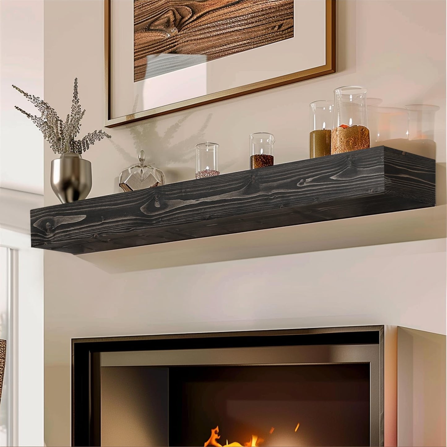 ABSWHLM 48x8x5 Fireplace Mantel - Handcrafted Hollow Rustic Solid Wood Wall Mounted Floating Shelf with Invisible Heavy Duty Wood Bracket (Weathered Black)