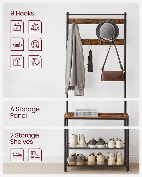 VASAGLE Coat Rack, Hall Tree with Shoe Storage Bench, Entryway Bench with Shoe Storage, 3-in-1, Steel Frame, for Entryway, 12.6 x 27.6 x 69.8 Inches, Industrial, Rustic Brown and Black UHSR41BX VASAGLE