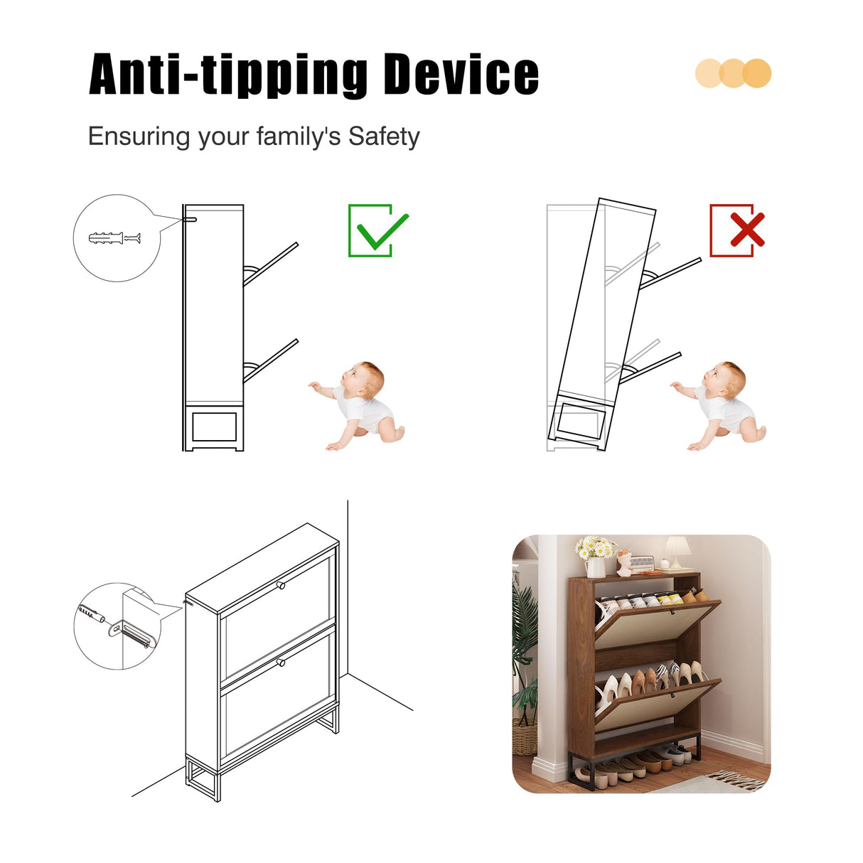 AVZEAR Freestanding Shoe Organizer with 2 Flip Drawer Doors, Entryway & Closet Shoe Storage, Linen Doors, Walnut AVZEAR