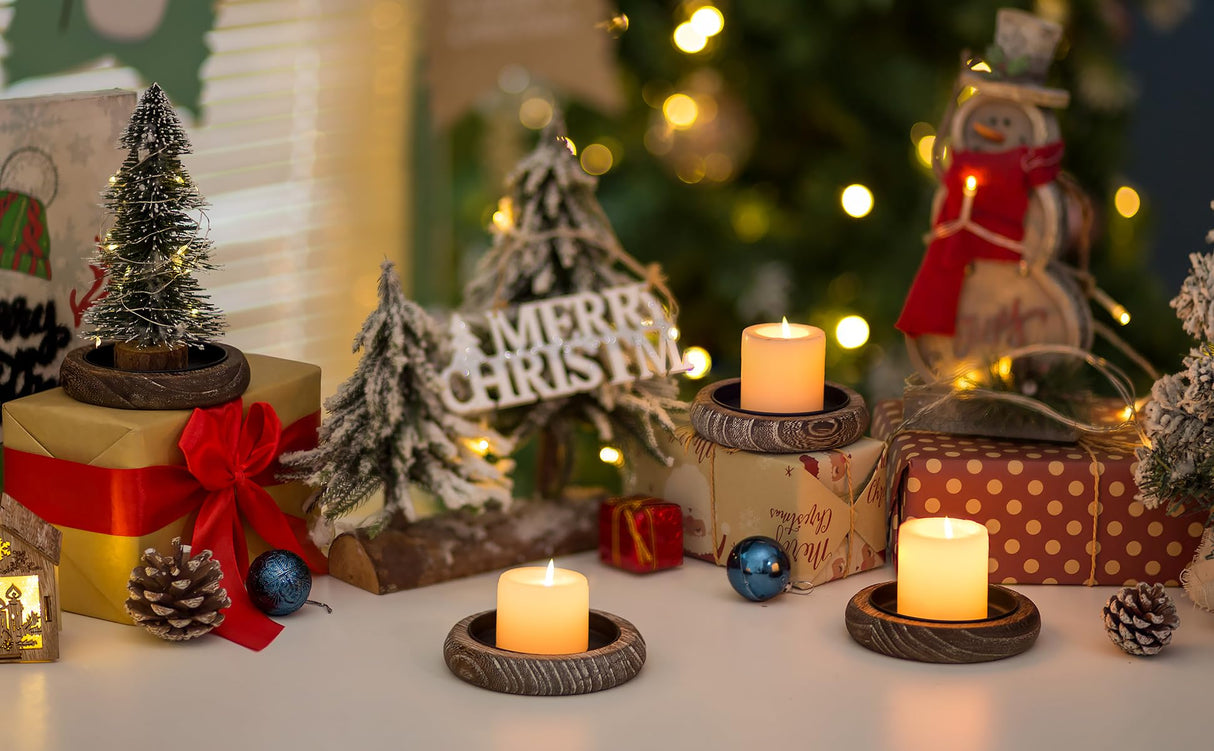 Romadedi Wood Candle Holder Farmhouse Decor - Pillar Candle Holders for Table Centerpiece Small Tray Riser Set of 2 Round Wooden Plate Pedestal Stand for Coffee Table Home Living Room, Brown Romadedi