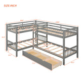 MERITLINE Quad Bunk Beds with Storage,4 Twin Bunk Bed for Kids, Solid Wood L Shaped Bunk Bed 4 Bed Bunk Beds for Kids,Teens, Adults,Grey MERITLINE