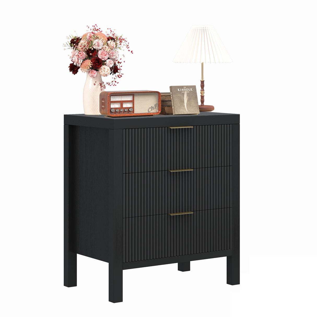 MJADUE Fluted Nightstands Set of 2, Wooden Farmhouse Night Stands with 6 Drawer Bedside Table - Boho Tall End Table Accent Table for Bedroom, Living Room, （Black 2PCS） MJADUE