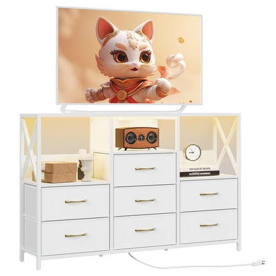 Decofy Dresser for Bedroom with Power Outlets and LED Lights, 7 Drawers TV Stand Dresser for 65 Inch TV, Chest of Drawers with Open Shelf, Wide White Dresser, 𝐏𝐔 𝐋𝐞𝐚𝐭𝐡𝐞𝐫, for Bedroom, Closet