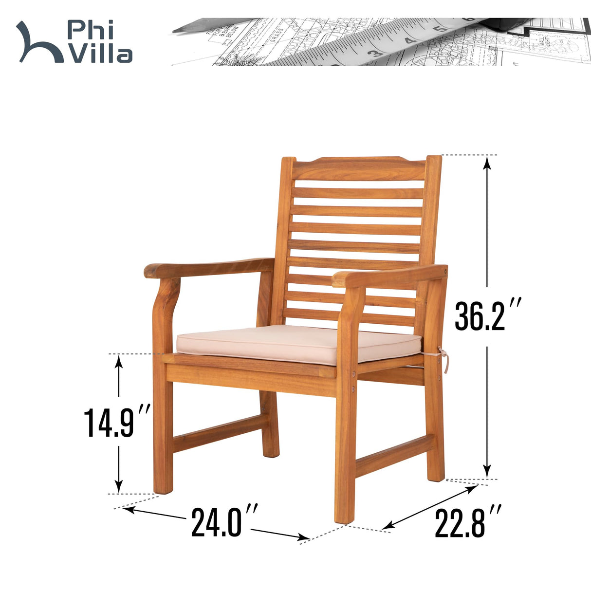 PHI VILLA 6 Pieces Acacia Wood Outdoor Dining Chairs with Cushions, Patio Wooden Armchairs Set of 6, Natural Teak Dining Chairs for Deck, Yard, Porch PHI VILLA