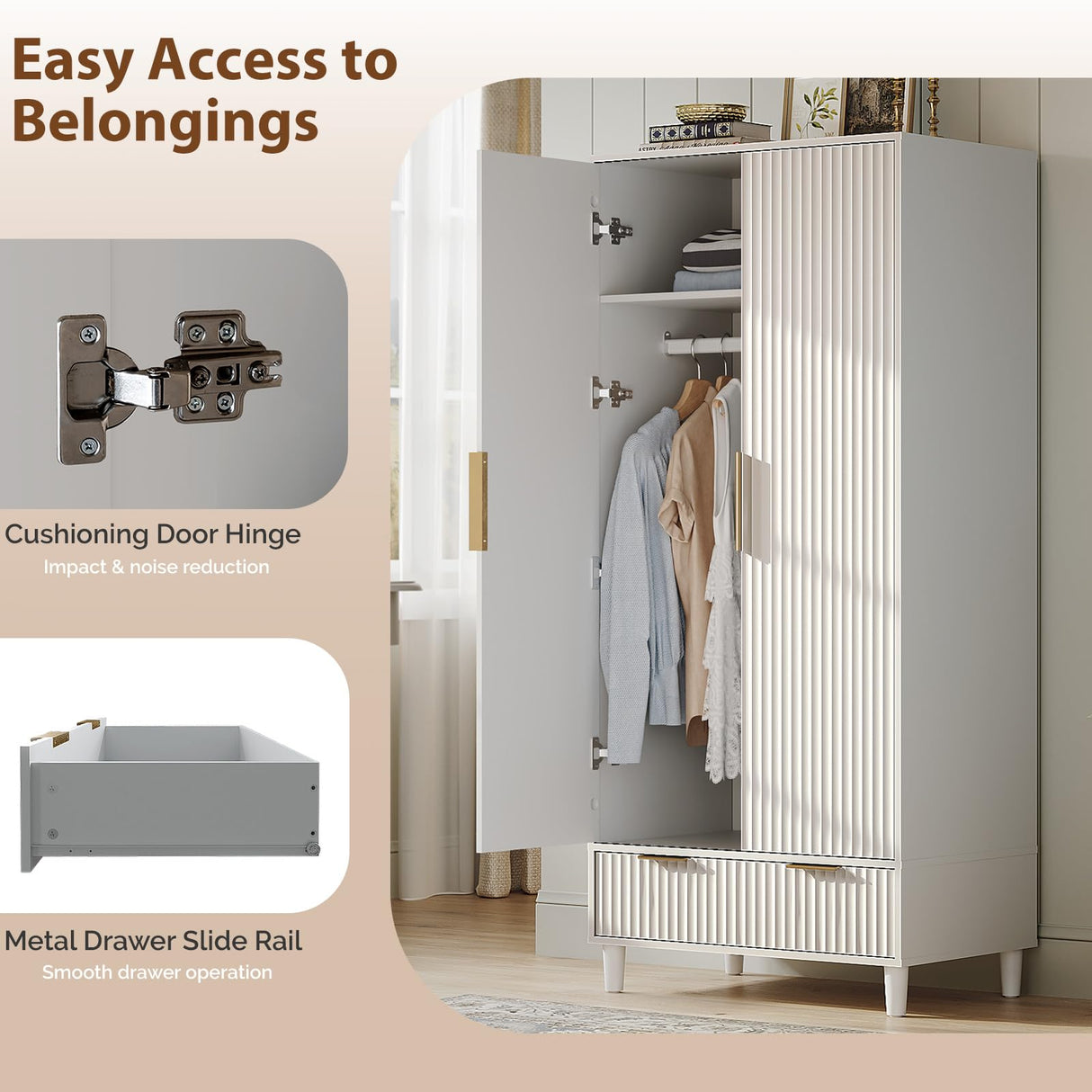 VINGLI Fluted Wardrobe Closet Armoire with Doors And Drawers, White Wardrobe Cabinet with Hanging Rack, Bedroom Closet Wood, Free Standing Armoire with Shelf and Solid Wood Legs, 31.5"W*19.7"D*69.3"H VINGLI