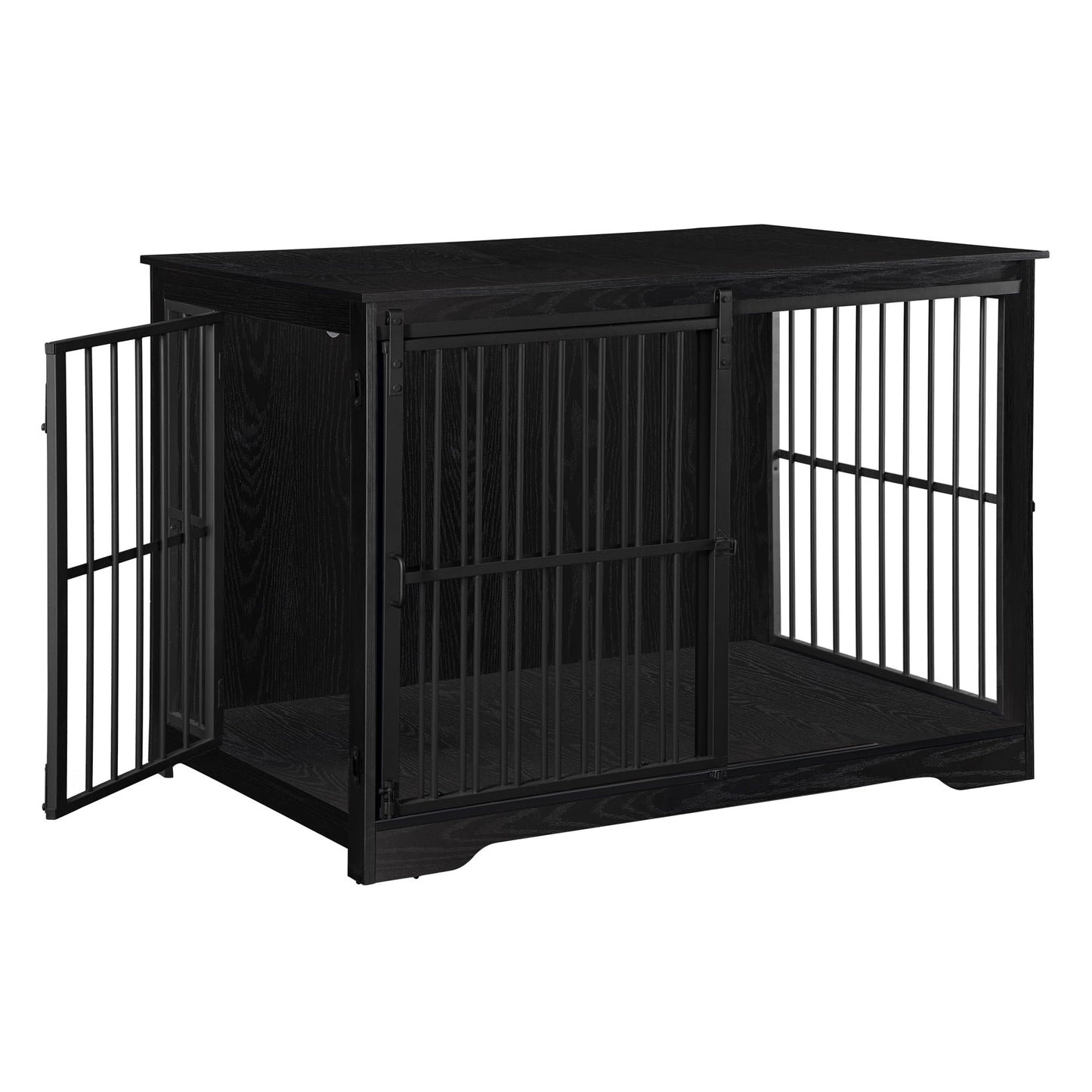 Hzuaneri Dog Crate Furniture, 44.1" Double Door Dog Crate with Barn Door, Dog Kennel Indoor, End Side Table Wooden Dog Crate for Small Medium Large Dog, Anti-Chew Anti-Escape, Black