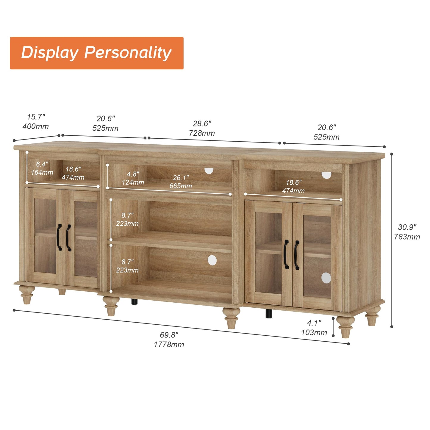 WAMPAT Farmhouse TV Stand for TVs Up to 75 inch, 4-Door Glass and Wood Universal TV Console with 9 Storage Cabinets, Oak Entertainment Center Table for Living Room Bedroom，70''