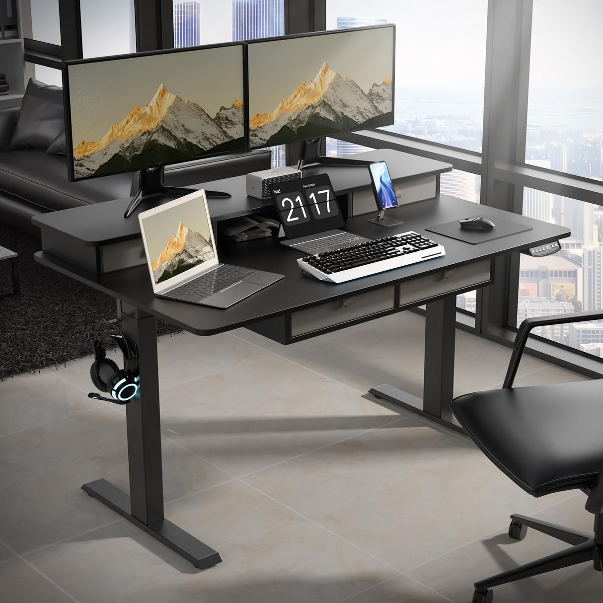 ExaDesk Electric Standing Widened Desk 63 * 30 Inches Adjustable Height with 4 Drawers, Double Storage Shelves Stand Up Desk, Home Office Workstation Sit Stand up Desk (Classical Black) ExaDesk
