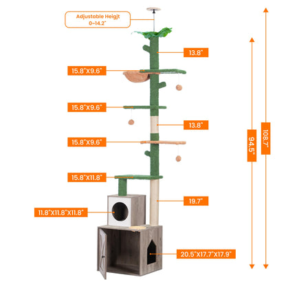 Heybly Cat Tree Floor to Ceiling，Cactus Cat Tower with Adjustable Height(97-108 Inches) and Wood Litter Box Enclosure,Cat Condo Furniture with Cozy Basket and Scratching Board Rustic Gray HCT - WoodArtSupply