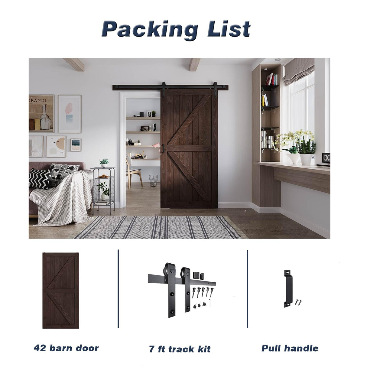 FREDBECK 42in x 84in Brown Barn Door with 7ft (84inch) Barn Door Hardware Track Kit and Handle Included, Double Surfaces,Simple Assembly is Required,K-Frame,Coffee FREDBECK