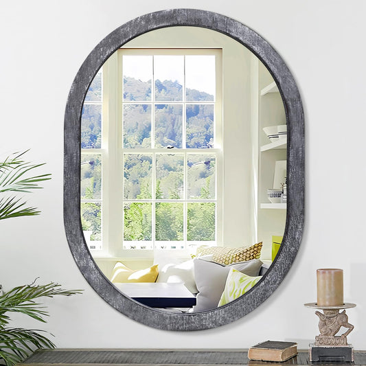 Oval Wall Mirror, Bathroom Mirror of Wood Frame, Farmhouse Black Wall Mounted Oval Mirror for Vanity Living Room Entryway Bedroom - WoodArtSupply