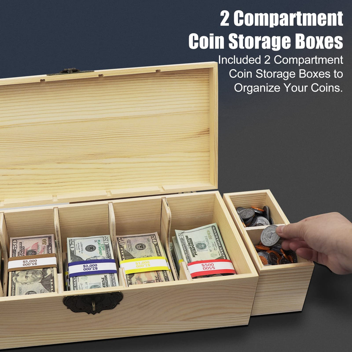 Mczxon Wooden Locking Currency Money Cash Tray with Coin Tray, 5 Compartment Wooden Cash Money Currency Organizer Storage Change Box Case Holder Moneyboxes with Lockable Cover 300 Money Wrappers Mczxon