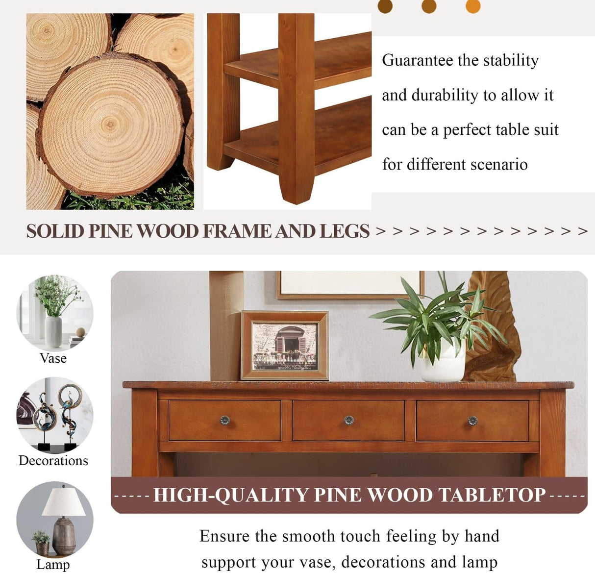 YWUFUART 48 Inch Solid Wood-Console Table-Sofa Table-Storage Cabinet with 3 Drawers and 2 Shelves for Entryway Hallway Living Room (Brown) YWUFUART