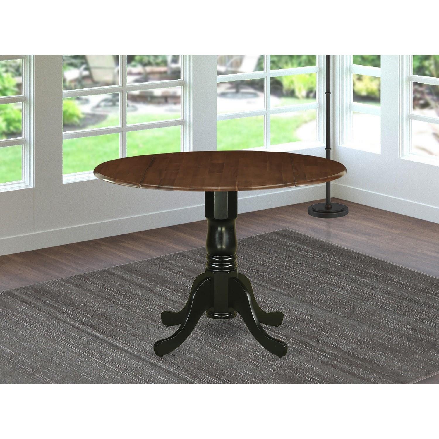 East West Furniture DMT-WBK-TP Dublin Dining Room Table - a Round kitchen Table Top with Dropleaf & Pedestal Base, 42x42 Inch, Walnut & Black - WoodArtSupply