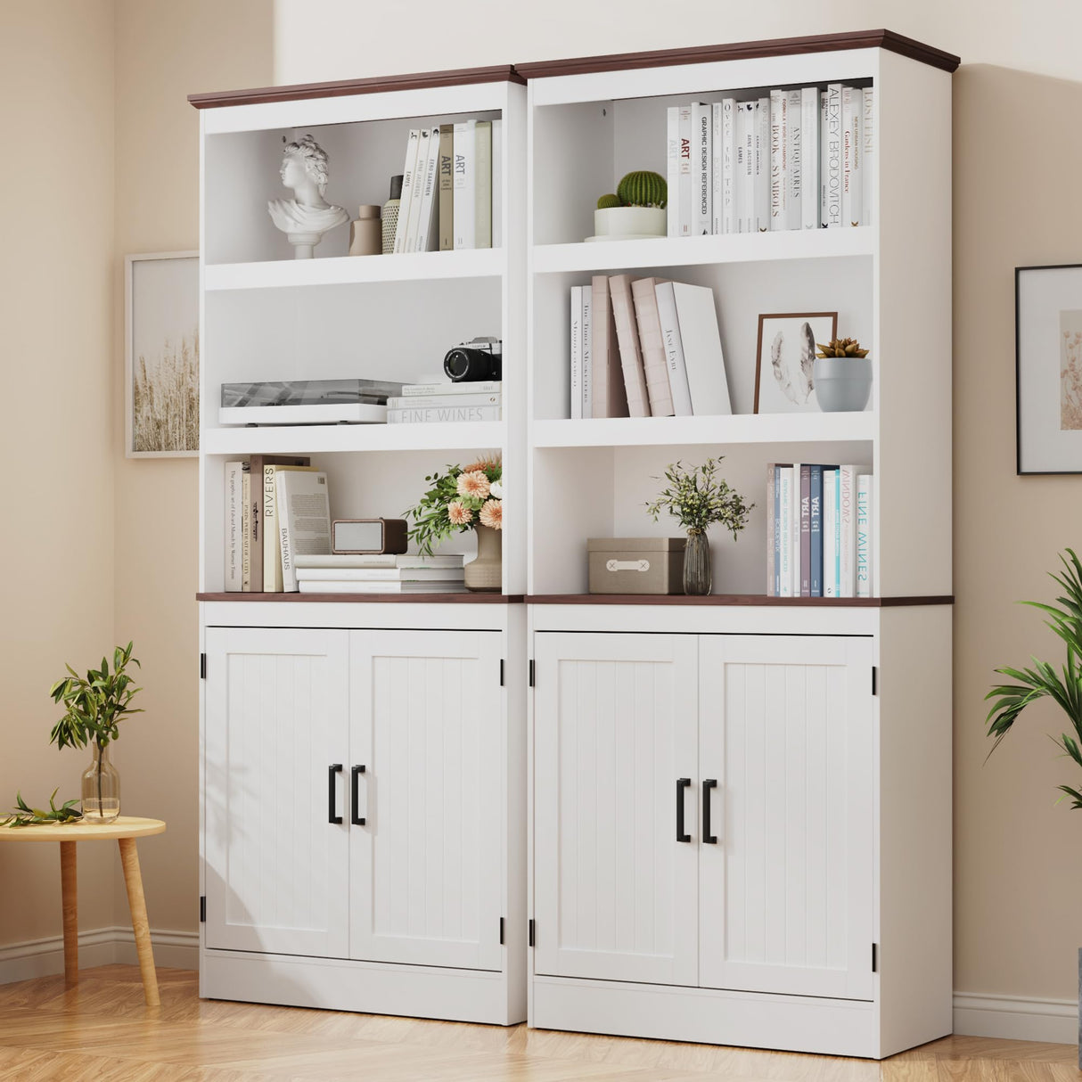 MHOM 71" Tall Bookshelf with Doors, 5 Tiers Farmhouse Bookcase with Adjustable Shelves, Wooden Rustic Display Cabinet for Home Office, Living Room, White MHOM