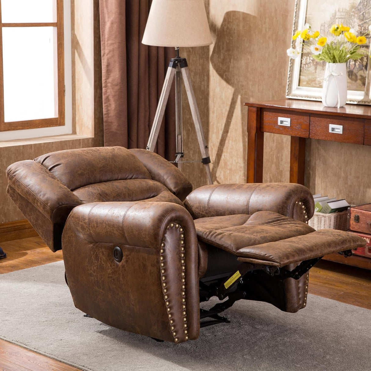 CANMOV Power Recliner Chair,Faux Leather Electric Recliner Chair with Padded Arms and Adjustable Backrest,Single Sofa with USB Charger for Living Room,Nut Brown CANMOV