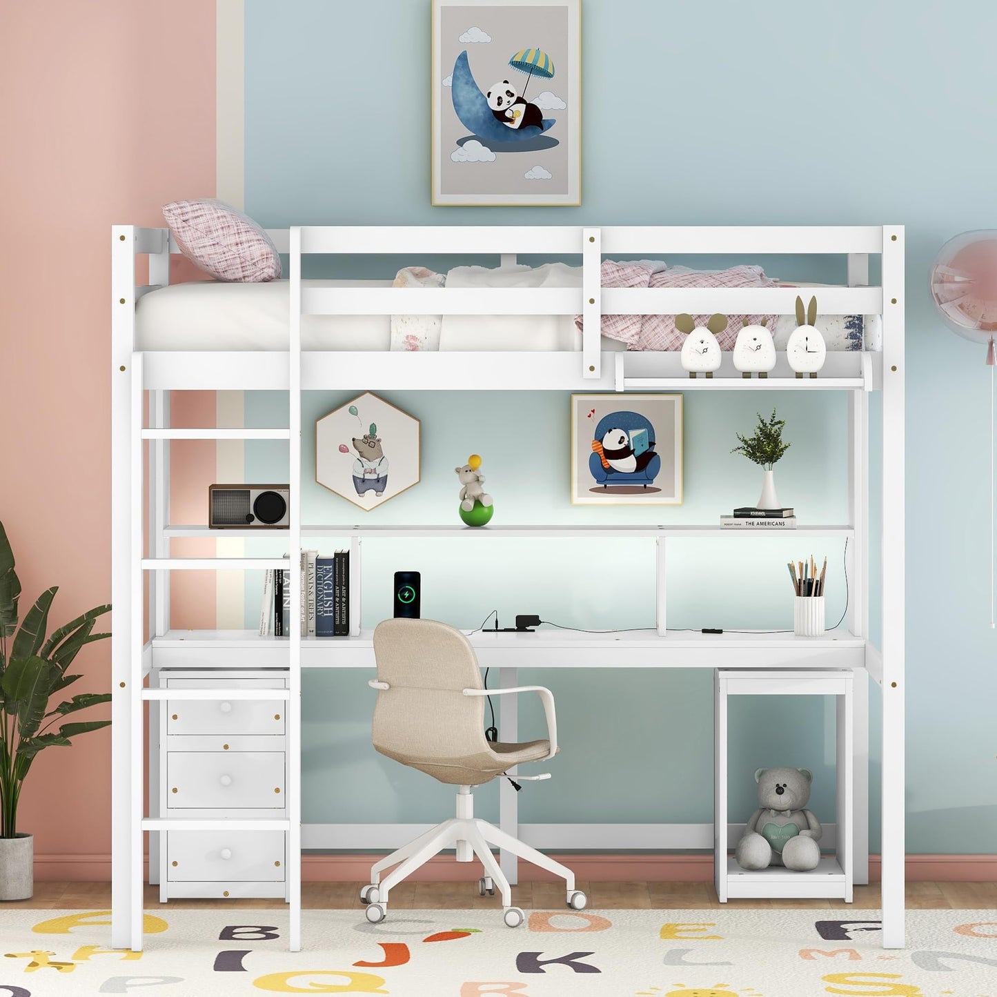 Harper & Bright Designs White Twin Loft Bed with Desk, LED Light, Charging Station and Storage Solutions - WoodArtSupply