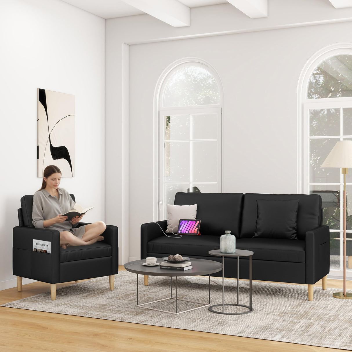 TYBOATLE 66" Black Faux Leather Sofa Couches w/USB, 2 Piece Living Room Set, Mid-Century Modern Tufted Loveseat 2 Seater Office Small Couch Love Seat for Small Space Bedroom Drom Apartment TYBOATLE