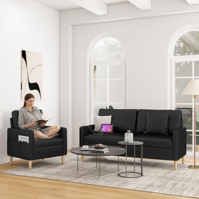 TYBOATLE 66" Black Faux Leather Sofa Couches w/USB, 2 Piece Living Room Set, Mid-Century Modern Tufted Loveseat 2 Seater Office Small Couch Love Seat for Small Space Bedroom Drom Apartment