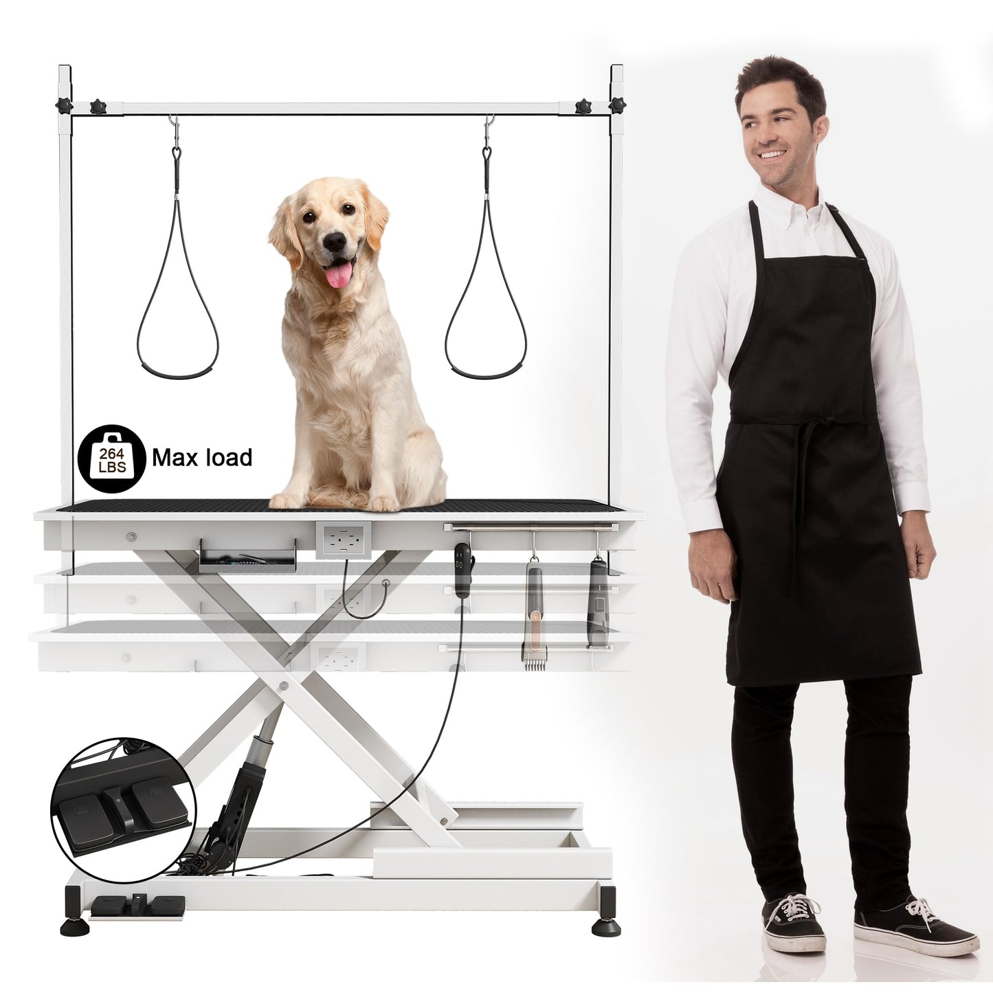 49.6” Electric Lift Pet Grooming Table | Adjustable Height | Heavy Duty Design | Overhead Arm | Non-slip Surface | Professional Grade | Ideal for Dogs & Cats | Black & White Available (WHITE)