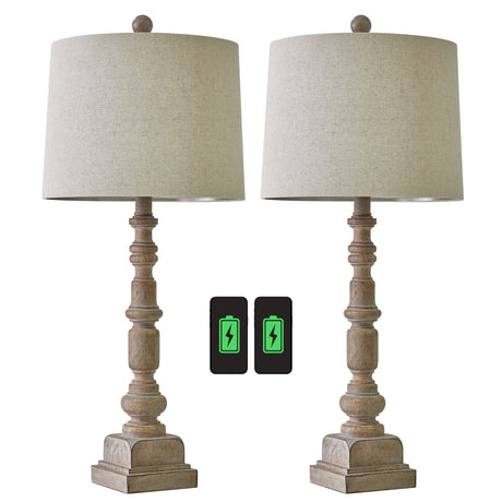 Oneach 27.75" Vintage Farmhouse USB Table Lamps Set of 2 for Living Room Bedroom Traditional Bedside Nightstand Lamp with Dual USB Port Resin Table Lamp with Rotary Switch for Living Room Bedroom Oneach