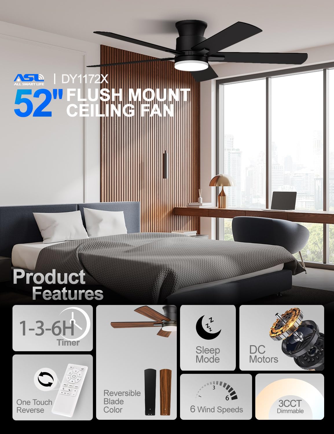 Ceiling Fans with Lights 52 Inch, Flush Mount, Remote Control, 3CCT Dimmable, 6 Speeds, Quiet Reversible DC Motor, Low Profile Hugger Black Ceiling Fan for Bedroom, Living Room, Indoor/Outdoor, ETL Allsmartlife