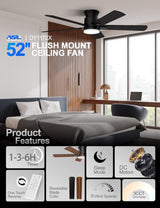 Ceiling Fans with Lights 52 Inch, Flush Mount, Remote Control, 3CCT Dimmable, 6 Speeds, Quiet Reversible DC Motor, Low Profile Hugger Black Ceiling Fan for Bedroom, Living Room, Indoor/Outdoor, ETL Allsmartlife