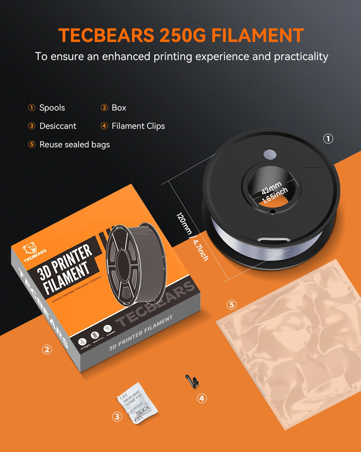 TECBEARS Silk Filament 1.75, Shiny Silk PLA Filament, 3D Printer Filament with Smooth Silky Surface, 250G Spool, 8 Rolls, Gold+Silver+Purple+Green+Blue+Pink+Orange+Red Copper TECBEARS