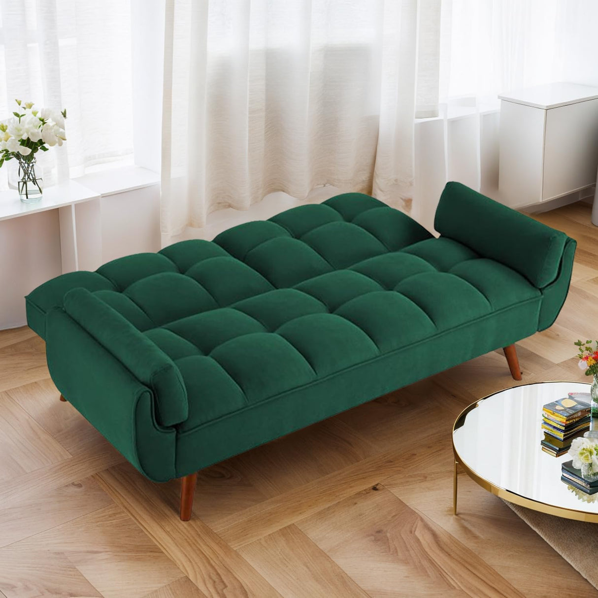 liuyouhom Convertible Futon Couch Bed, Sleeper Sofa Bed with Adjustable Backrests, Linen Loveseat Sofa 3 Seater Comfy Couch for Small Spaces, Living Room, Bedroom(Green, 75") liuyouhom