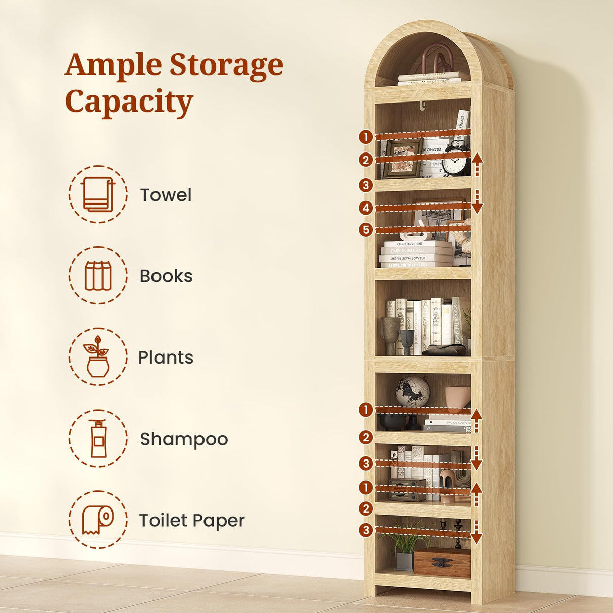 UPOSOJA 76" Tall Narrow Arched Bookcase,7-Teir Mid-Century Modern Bookshelf,Adjustable Shelves offering More Storage Space for Living Room,Kitchen,Home Office,Oak UPOSOJA