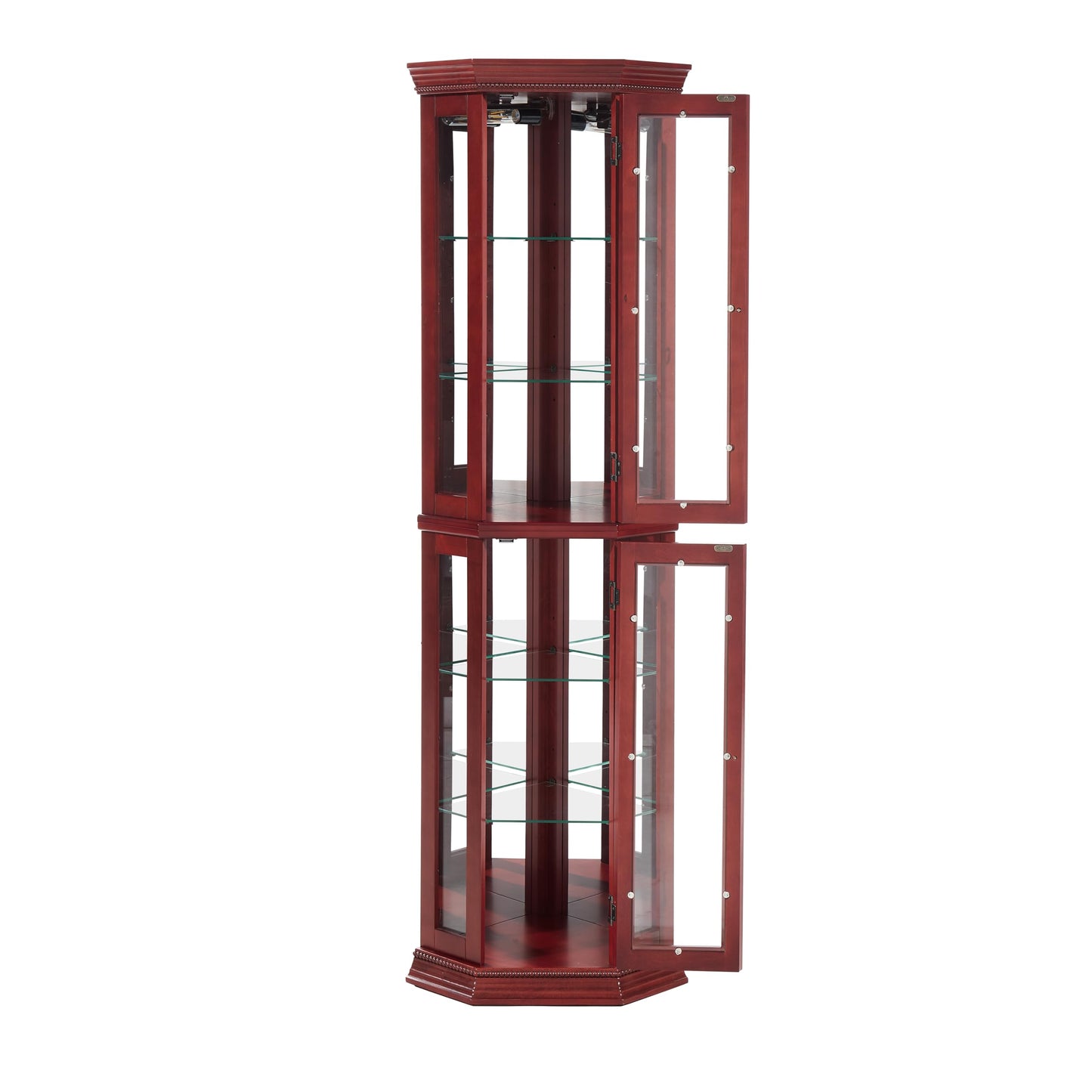 lunhung lighted Corner Display Curio Cabinet with Adjustable Glass Shelves, 69"H Wooden Curved Shelving Unit with Tempered Glass Door,Bar and Liquor Storage Area with 6 Shelves for Living Room(Cherry)