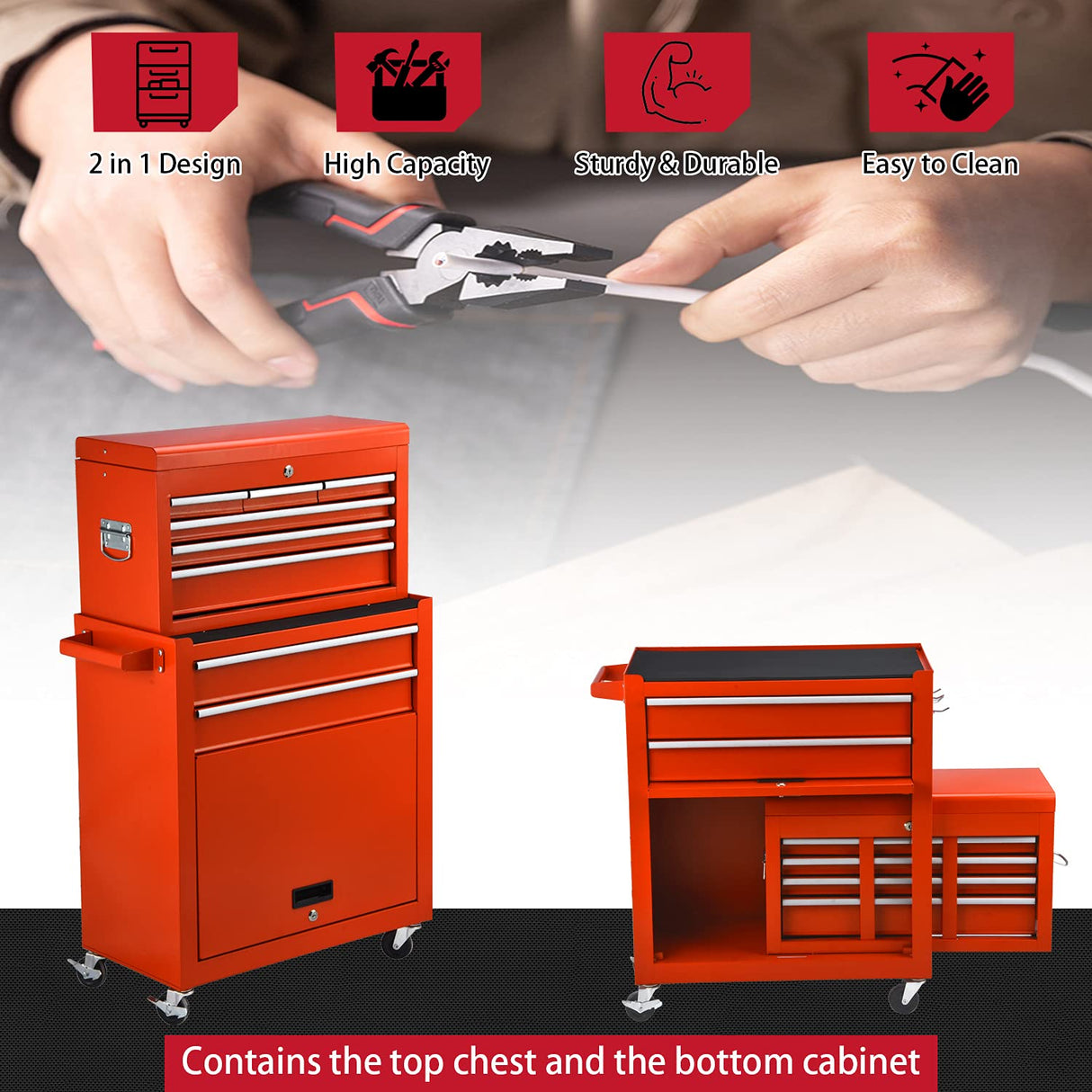 JD Trading 8-Drawer Rolling Tool Chest 2 in 1 High Capacity Tool Box Detachable Organizer Tool Storage Cabinet with 4 Wheels & Lockable Lined Drawers for Garage Warehouse Workshop (Red) JD Trading