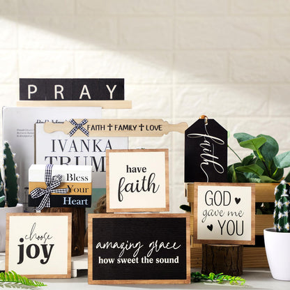 Tatuo 13 Pcs Religious Tiered Tray Decor Set Faith Wooden Table Decor Christian Farmhouse Decorations Rustic Faith Pray Cross Wood Block Signs for Home Church Tabletop Centerpieces Easter Dec - WoodArtSupply