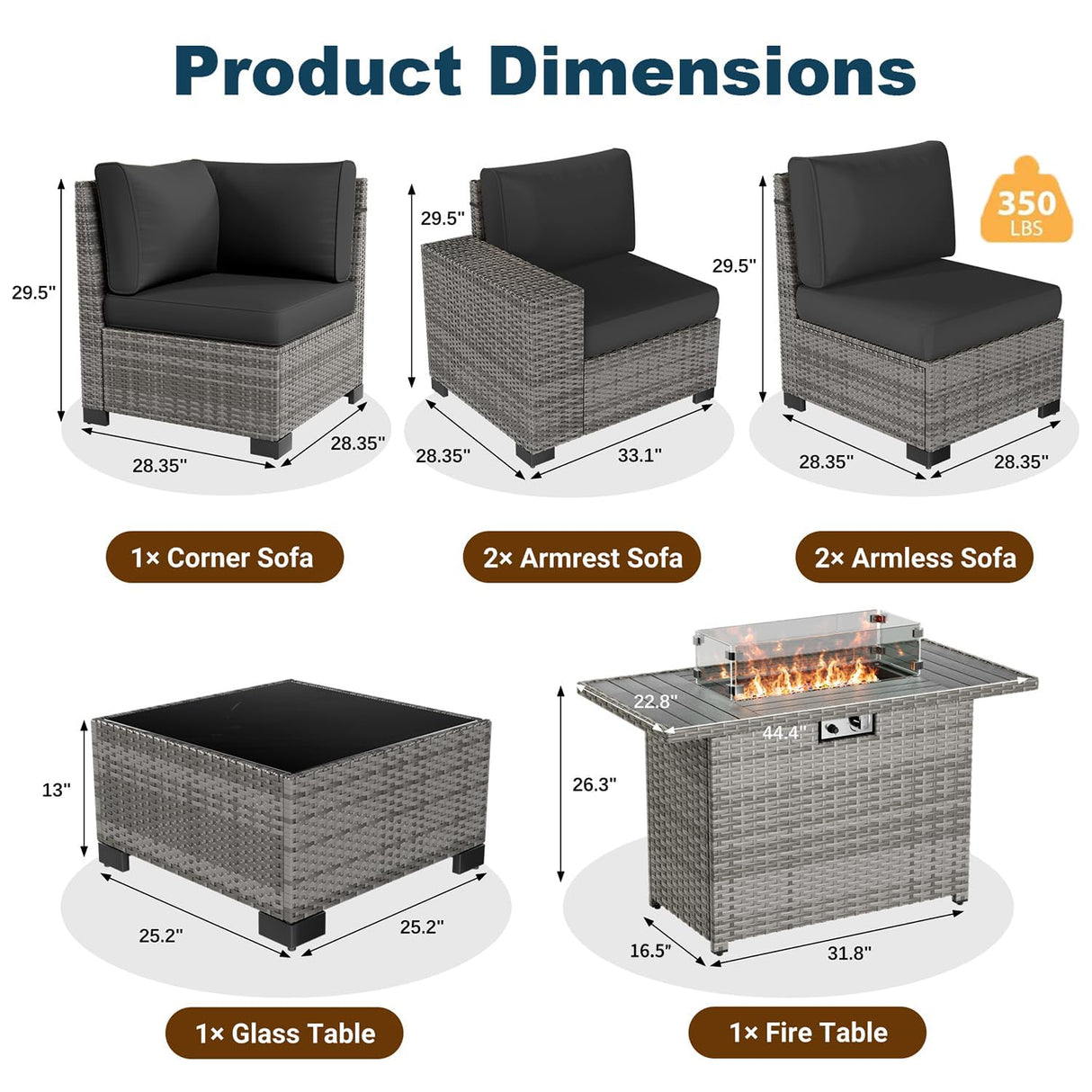 VONZOY 7 Piece Patio Furniture Set with Fire Pit Table, Outdoor Sectional Conversation Sets Wicker Rattan Sectional Sofa with Coffee Table for Patio Garden Backyard, 4'' Thickened Cushion Black VONZOY