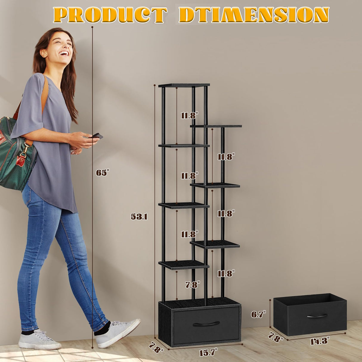 Vrisa Bookshelf with Fabric Drawer 7 Tier Bookcase with Storage 53" Tall Narrow Industrial Book Shelf Open Freestanding Shelf Organizer Unit for Living Room, Bedroom, Home Office, Black Vrisa