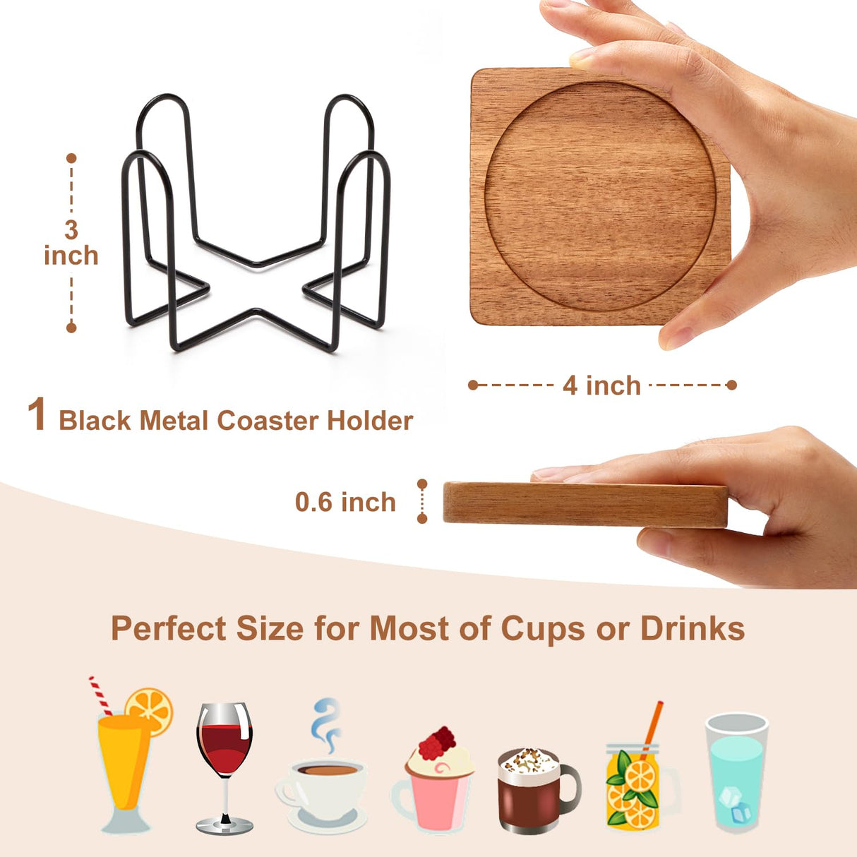 Farmhouse Home Decor Coasters with Holder Acacia Wood Coaster Set of 4 Drink Coasters Unique Cup Coasters Gift Cute Rustic Wooden Coasters for Coffee Table Beer Coasters Cool Bar Outdoor Coasters Renawe