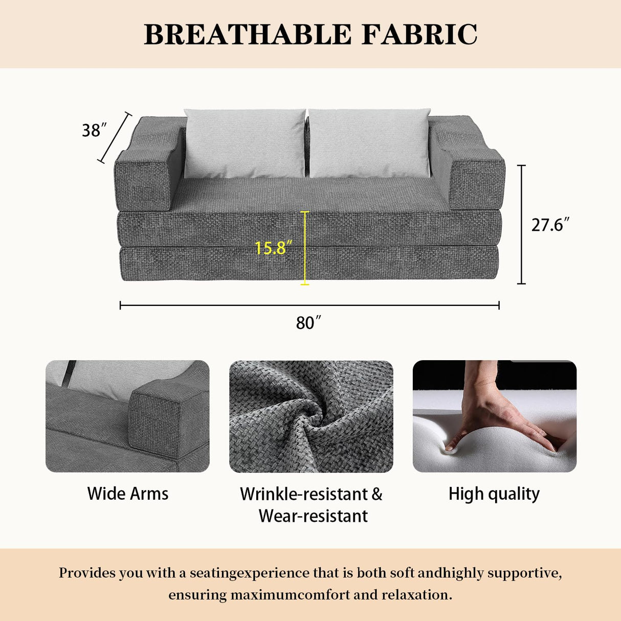 Folding Sofa Bed - 80" Convertible Couch Bed with 2 Pillows, Fold Out Couch, Foam Spring Floor Mattress, Futon Couch, King Size Bed Mattress for Living Room/Dorm/Guest Room/Home Office (Gray, 80") CAPCAEK