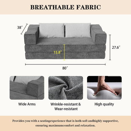 Folding Sofa Bed - 80" Convertible Couch Bed with 2 Pillows, Fold Out Couch, Foam Spring Floor Mattress, Futon Couch, King Size Bed Mattress for Living Room/Dorm/Guest Room/Home Office (Gray, 80") CAPCAEK