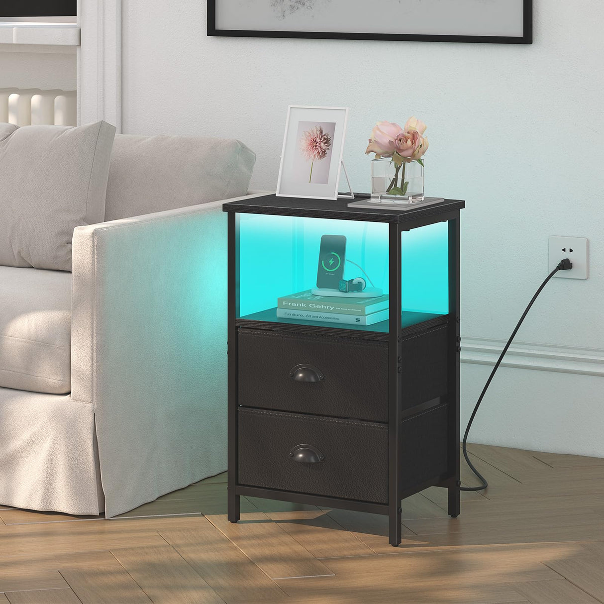 sthmec Nightstand with Charging Station, LED Night Stand Set 2, Bedside Table End Table Set of 2, Bedroom Table with 2 Fabric Drawers PU Finish, 3-Tier Storage Side Table for Bedroom,Black sthmec