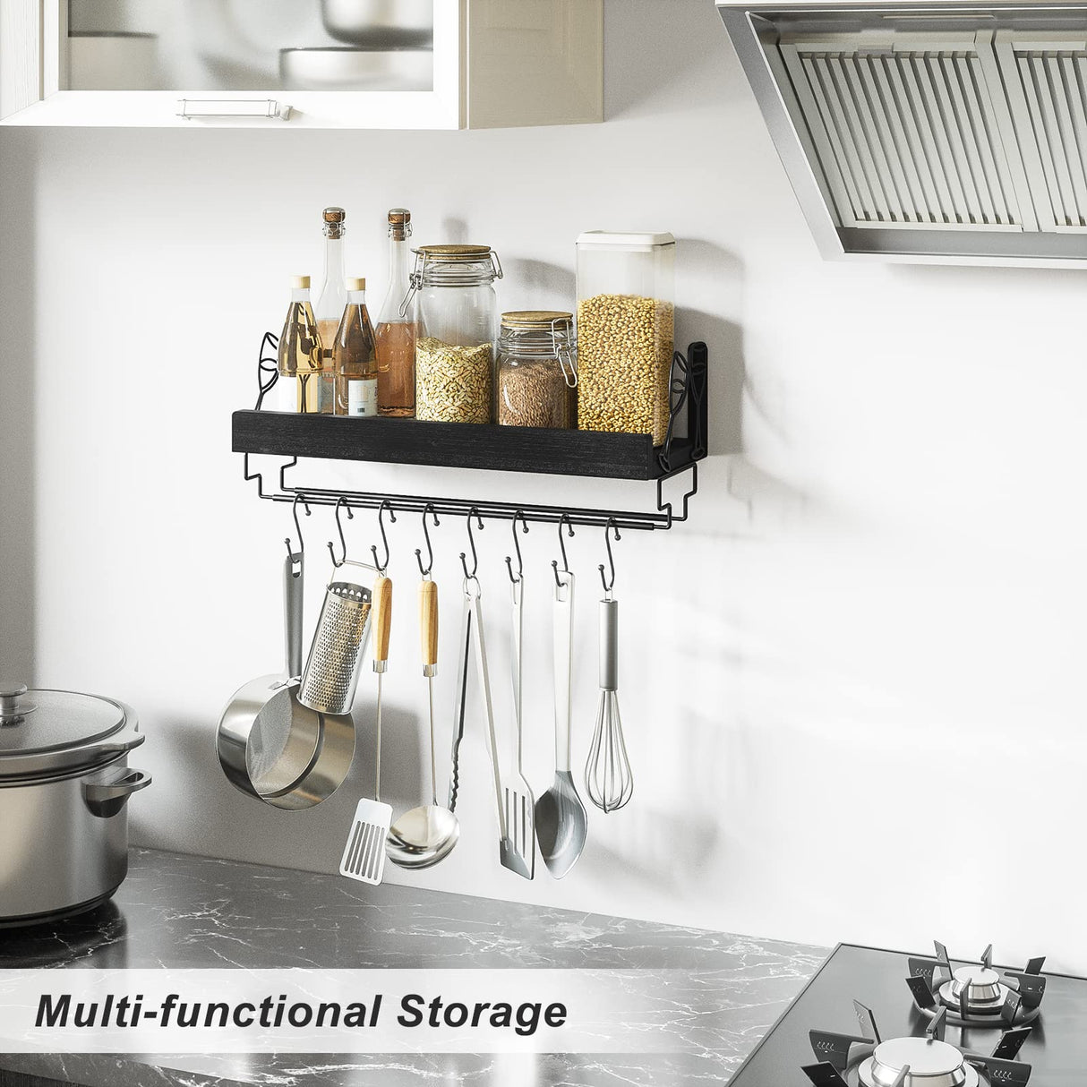 Love-KANKEI Wine Rack with Stemware Hanger, 17inch Wine Glass Rack, Floating Shelf Wall Mounted, Wood Wall Shelf for Kitchen, Dinning Room, Home Bar, Living Room etc, Pitch Black Love-KANKEI