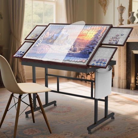 Doerpuz Jigsaw Puzzle Table 1500pcs with Legs and Storage Pocket,5 Adjustable Up Level Puzzle Tables for Adults with Drawers and Wheels,Board Game Table,Coffee Color Doerpuz
