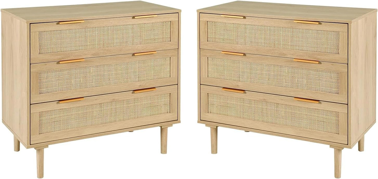 HOPUBUY Large Nightstand Set of 2 with Rattan Drawer, Modern 3 Drawer Night Stand for Bedroom, Wooden Bedside Table for Queen Size and King Size Bed,Oak HOPUBUY