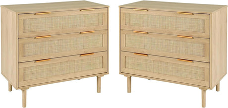 HOPUBUY Large Nightstand Set of 2 with Rattan Drawer, Modern 3 Drawer Night Stand for Bedroom, Wooden Bedside Table for Queen Size and King Size Bed,Oak HOPUBUY