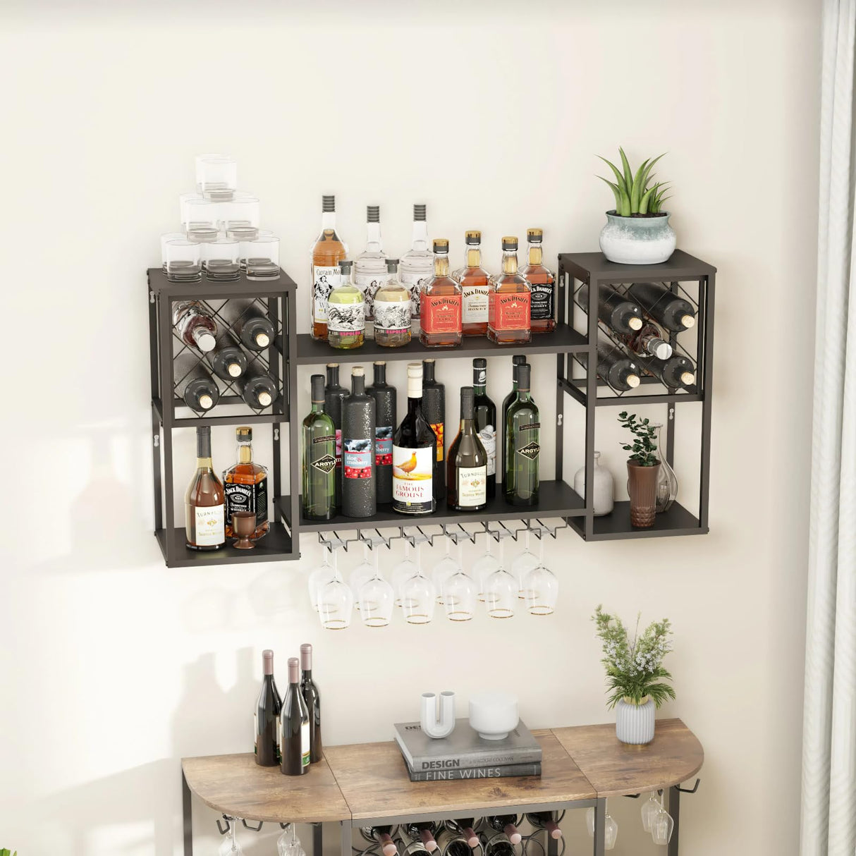 HEONITURE Wall Mounted Wine Rack with Glass Holder,Metal Floating Bar Liquor Shelves 2 Tier,Wine Glass Rack Multi Functional Wine Storage Display Rack for Home Bar Dining Room Kitchen HEONITURE